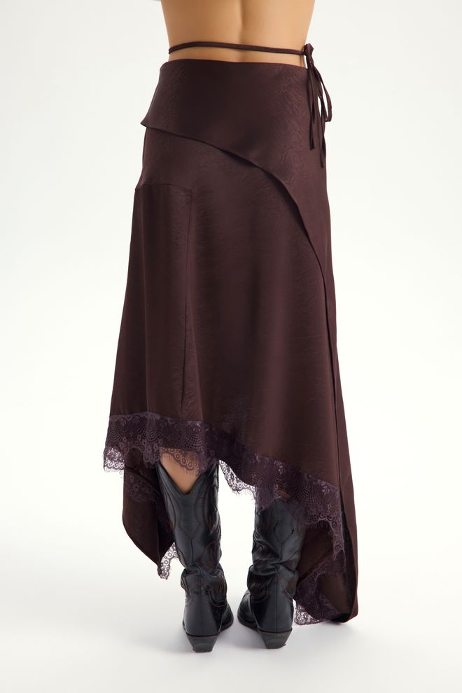 Mai Collection Brown Asymmetrical Midi Skirt With Tie Closure Wholesale Clothing Boho