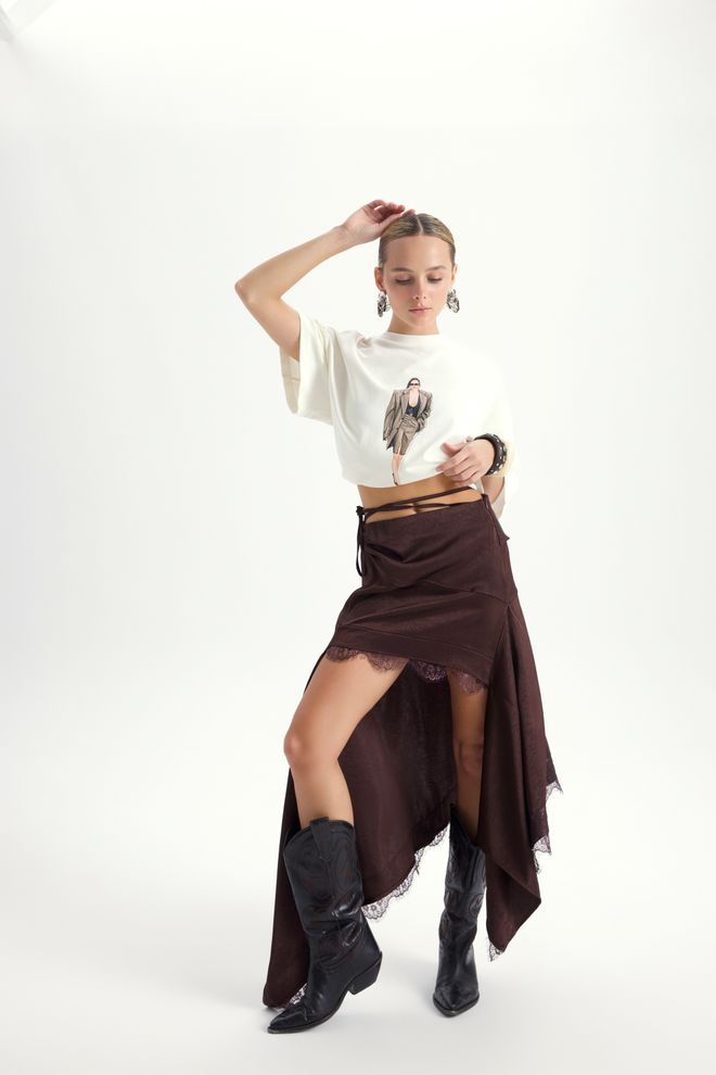 Mai Collection Brown Asymmetrical Midi Skirt With Tie Closure Wholesale Clothing Casual