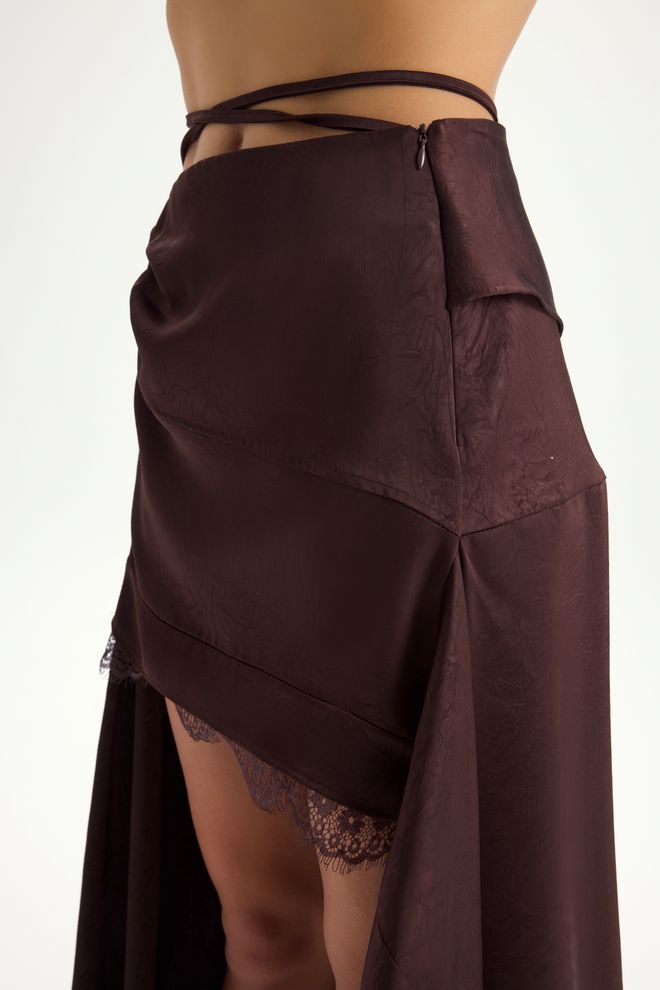 Mai Collection Brown Asymmetrical Midi Skirt With Tie Closure Wholesale Clothing Birthday