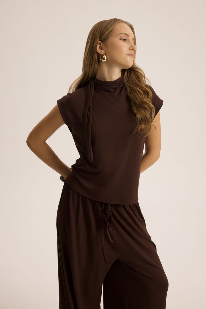 Mai Collection Conjunto Palazzo Elegante Castanho Com Cordão Roupas por atacado Modesto