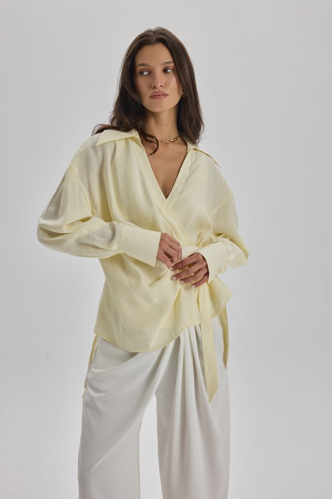 Mai Collection Yellow Elegant V Neck Oversized Shirt Wholesale Clothing 5
