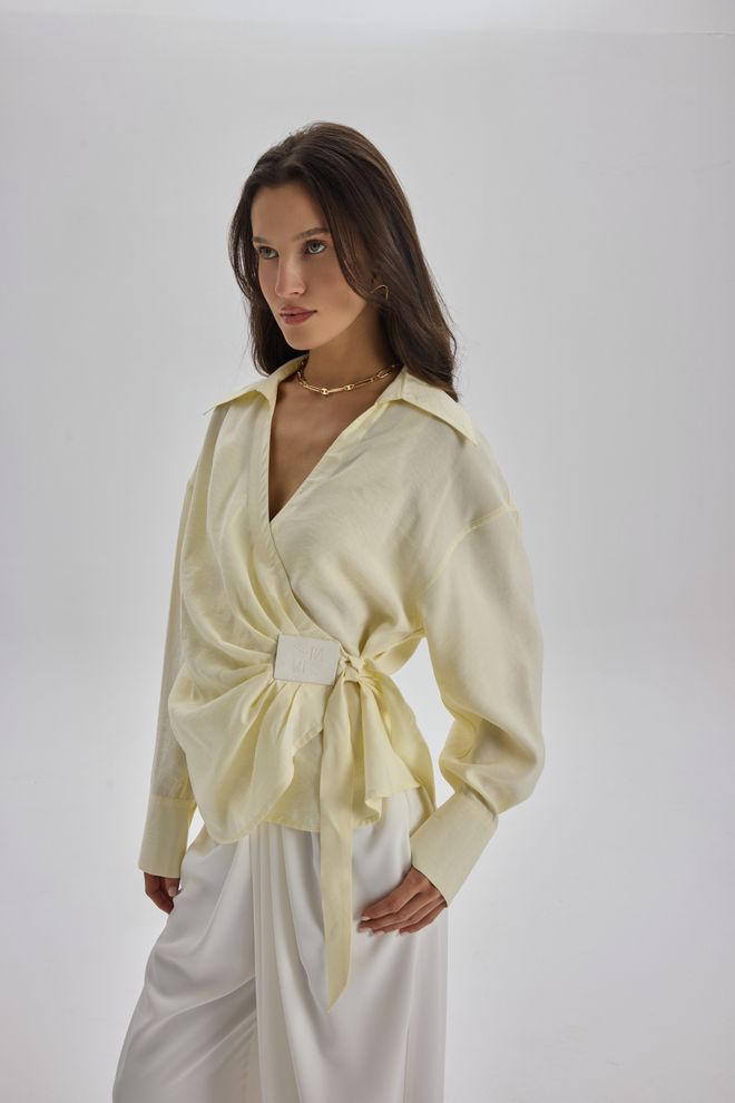 Mai Collection Yellow Elegant V Neck Oversized Shirt Wholesale Clothing Spring