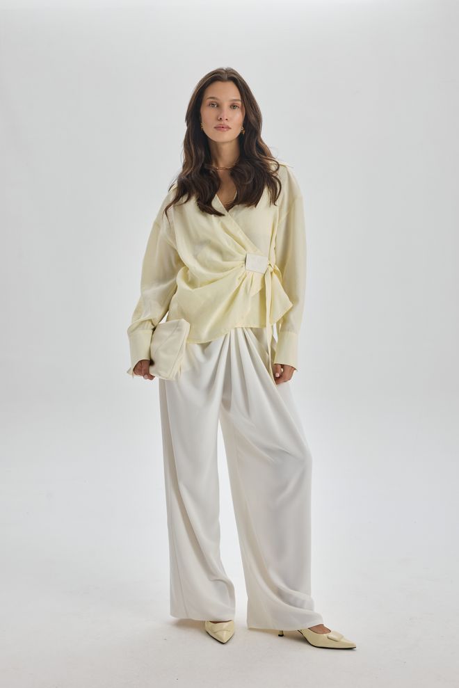 Mai Collection Yellow Elegant V Neck Oversized Shirt Wholesale Clothing 1