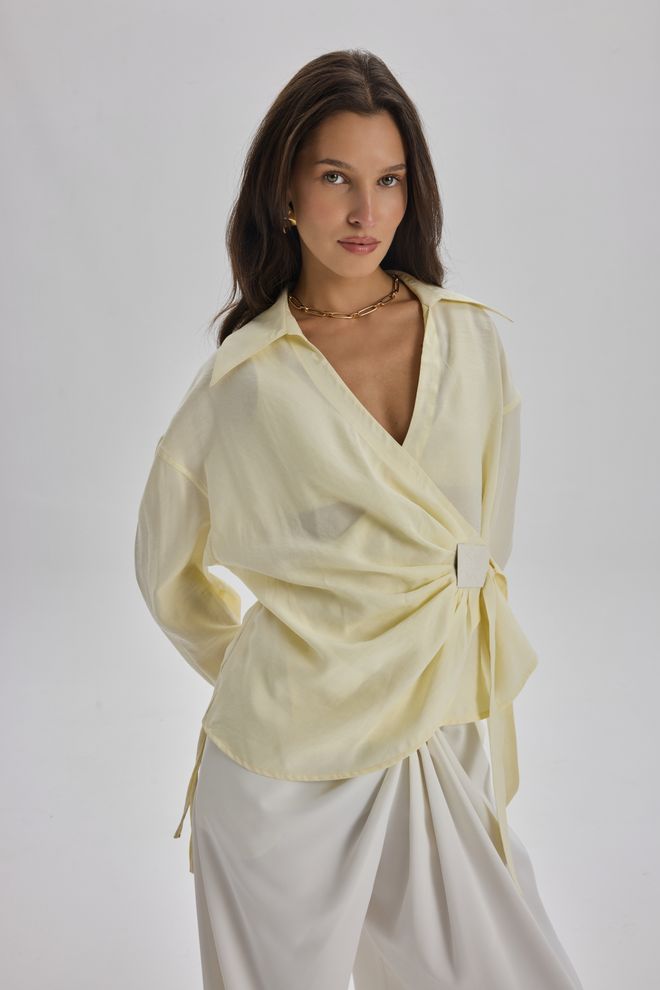 Mai Collection Yellow Elegant V Neck Oversized Shirt Wholesale Clothing Work