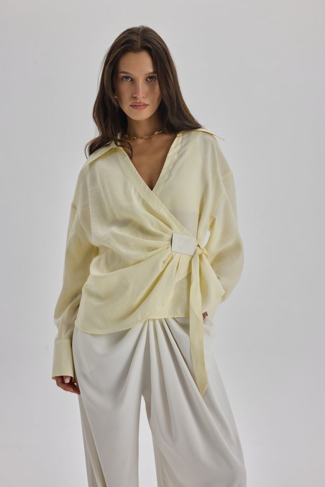 Mai Collection Yellow Elegant V Neck Oversized Shirt Wholesale Clothing Casual