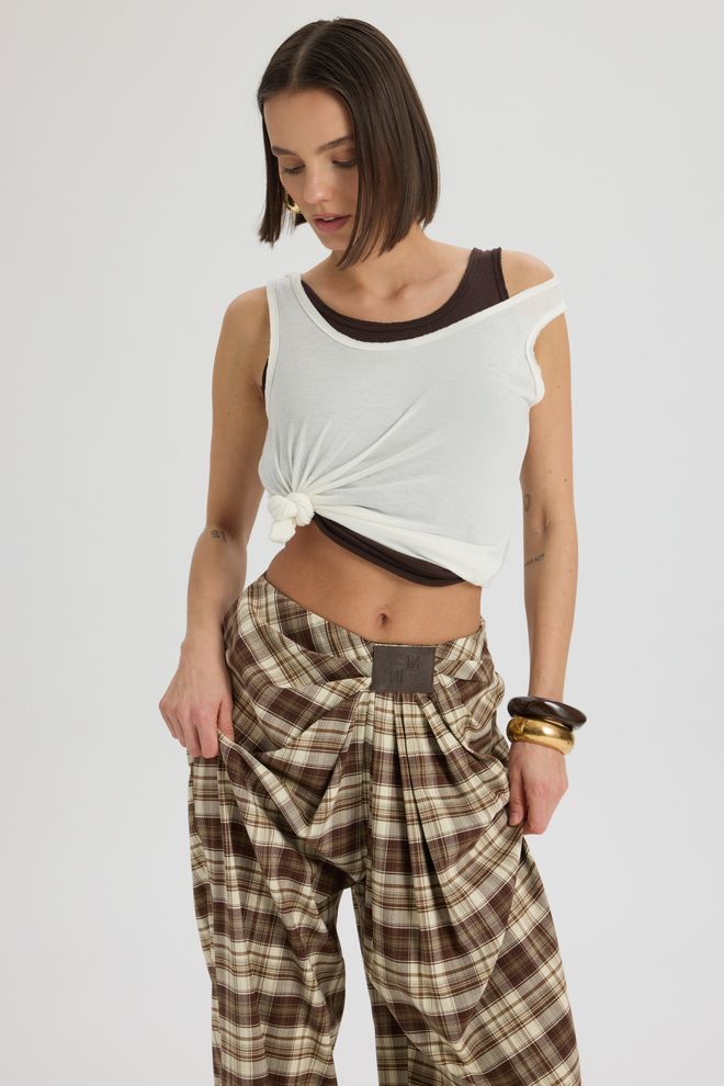 Mai Collection Pantalon Parachute Brun À Motif Damier Vêtements en gros Décontracté