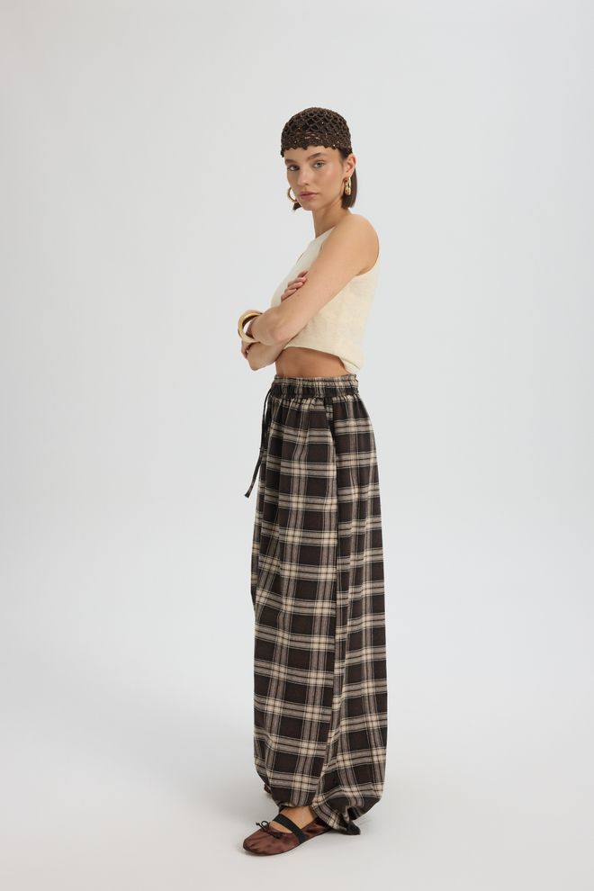 Mai Collection Bruine Palazzo Broek Met Geruit Patroon Groothandel Kleding 5