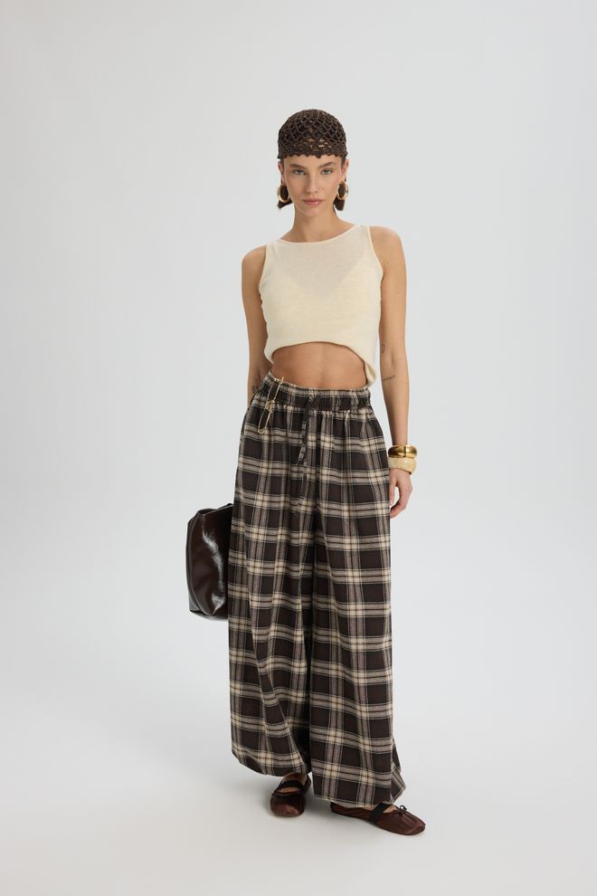 Mai Collection Bruine Palazzo Broek Met Geruit Patroon Groothandel Kleding 1