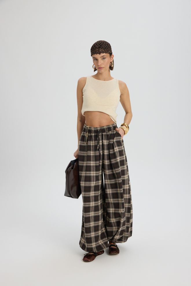 Mai Collection Bruine Palazzo Broek Met Geruit Patroon Groothandel Kleding Lente