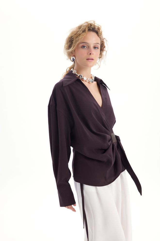 Mai Collection Brown Elegant Formal Casual Shirt Wholesale Clothing Work