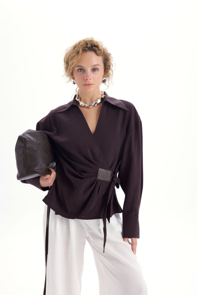 Mai Collection Brown Elegant Formal Casual Shirt Wholesale Clothing Casual