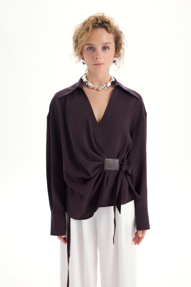 Mai Collection Brown Elegant Formal Casual Shirt Wholesale Clothing 1