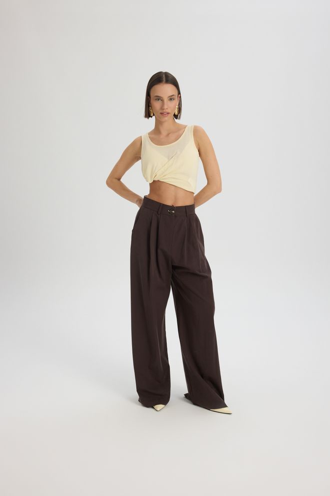Mai Collection Brown Palazzo Pants With High Waist And Wide Leg Wholesale Clothing 1