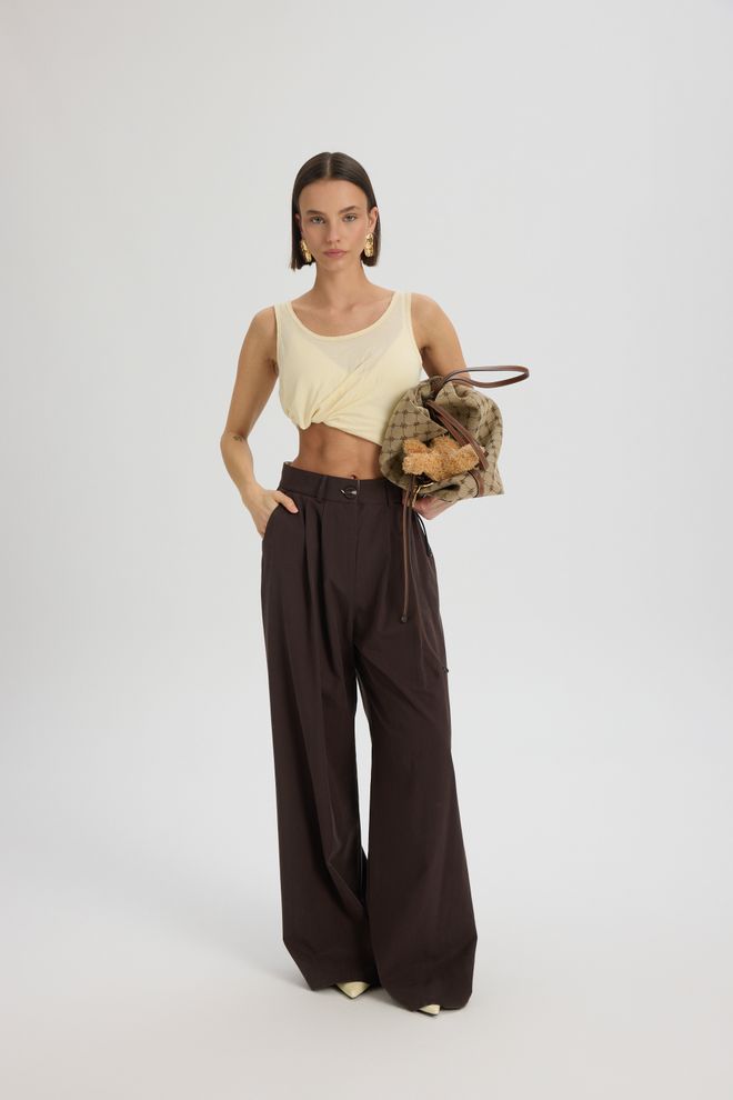 Mai Collection Brown Palazzo Pants With High Waist And Wide Leg Wholesale Clothing 5