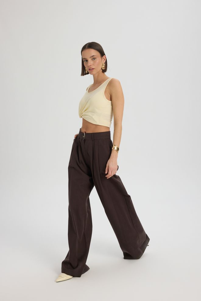 Mai Collection Brown Palazzo Pants With High Waist And Wide Leg Wholesale Clothing Work