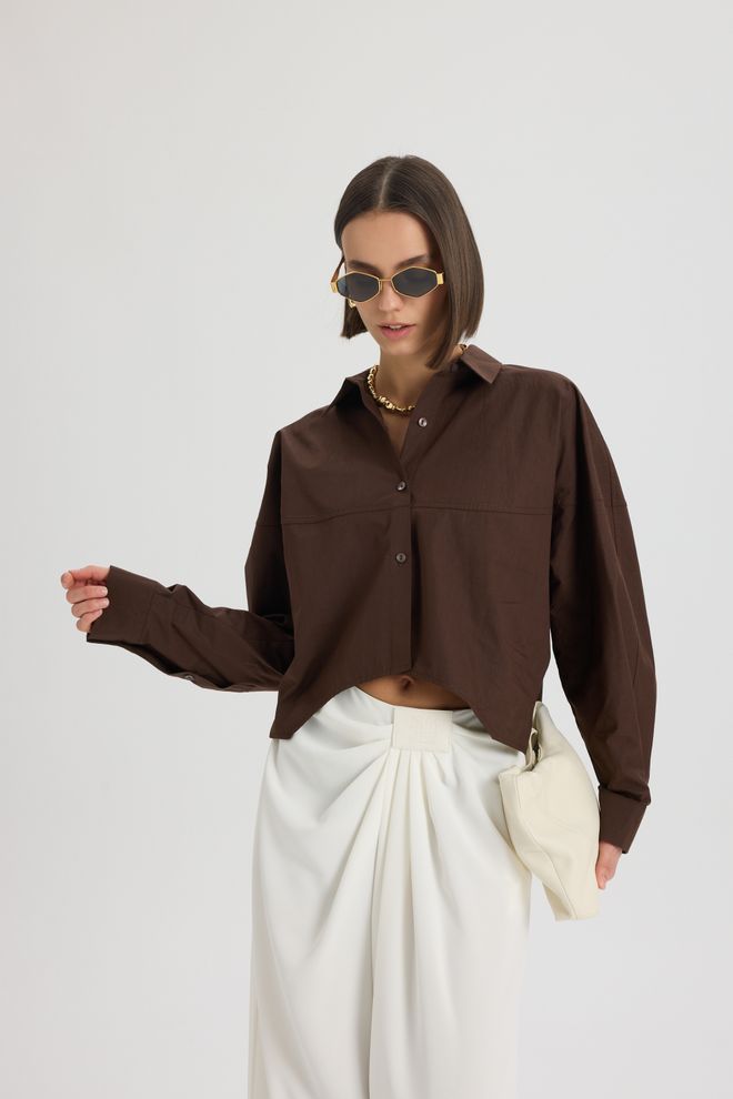 Mai Collection Braunes Oversized Casual Hemd Mit Gekerbtem Hals Großhandelskleidung Lässig