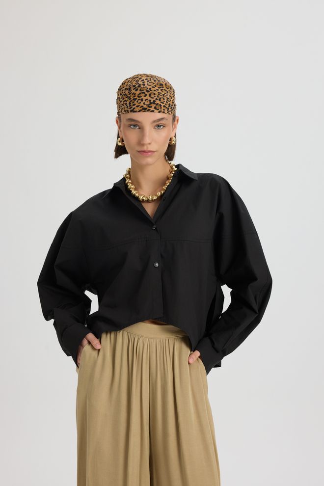 Mai Collection Čierna Oversized Crop Košeľa Na Gombíky Veľkoobchod s oblečením Neformálny