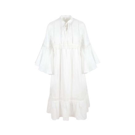 A model wears 23346 - Guipure Detailed Pure Organic Cotton Midi Dress - White, wholesale Dress of Mare Style to display at Lonca