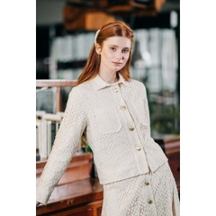 A wholesale clothing model wears 23350 - Tweed Classic Jacket - Beige, Turkish wholesale Jacket of Mare Style