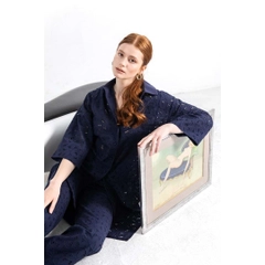 A wholesale clothing model wears 23354 - Comfortable Cut Cotton Embroidered Tunic Shirt - Navy, Turkish wholesale Shirt of Mare Style