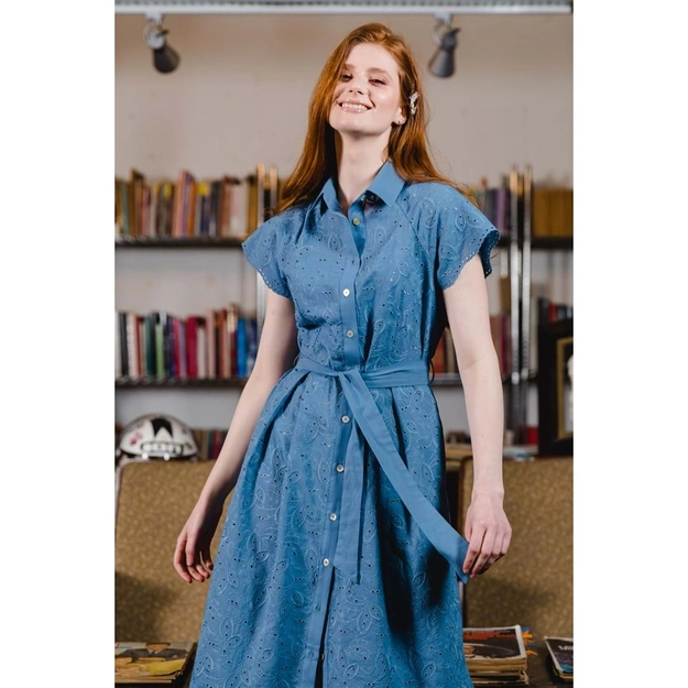 A model wears 23355 - Belted Midi Length Cotton Embroidered Dress - Blue, wholesale Dress of Mare Style to display at Lonca