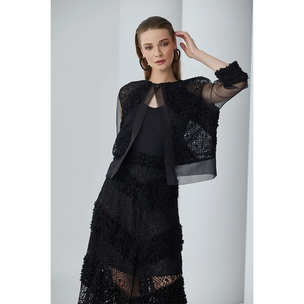 A model wears 23364 - Patterned Organza Jacket - Black, wholesale Jacket of Mare Style to display at Lonca
