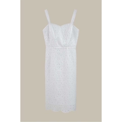 Модел на дрехи на едро носи 33194 - Strapless Slim Fit Pure Cotton White Brode Dress - White, турски едро рокля на Mare Style