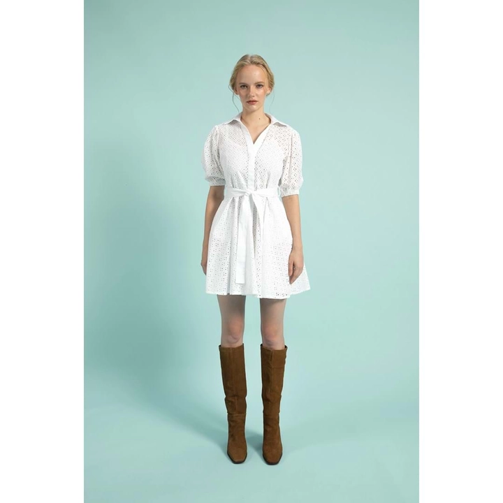 Una modella di abbigliamento all'ingrosso indossa 33195 - Shirt Collar Cotton Mini Embroidered Dress - White, vendita all'ingrosso turca di Vestito di Mare Style