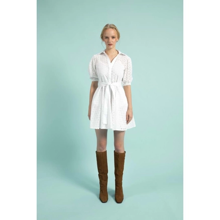 A model wears 33195 - Shirt Collar Cotton Mini Embroidered Dress - White, wholesale Dress of Mare Style to display at Lonca
