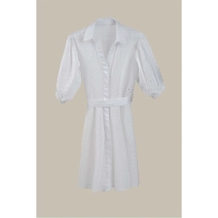 A wholesale clothing model wears 33195 - Shirt Collar Cotton Mini Embroidered Dress - White, Turkish wholesale Dress of Mare Style