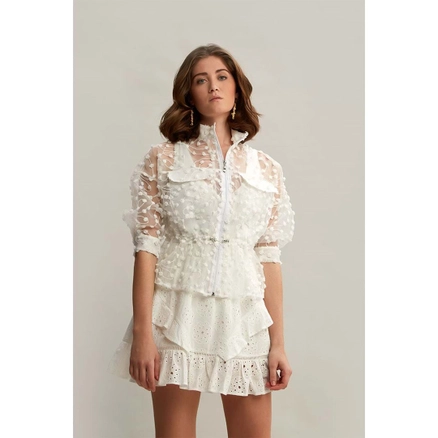 A model wears 33200 - Sheer Embroidered Jacket with Pocket and Zipper - White, wholesale undefined of Mare Style to display at Lonca