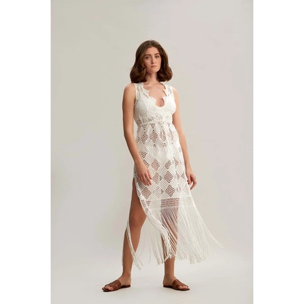 A model wears 33203 - V Neck Tassel Detailed Embroidered Beach Dress - White, wholesale Dress of Mare Style to display at Lonca