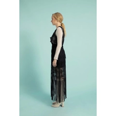 A wholesale clothing model wears 33204 - V Neck Tassel Detailed Brode Dress Black, Turkish wholesale Dress of Mare Style