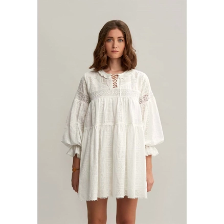 A model wears 33210 - Comfortable Cut Cotton White Brode Dress - White, wholesale Dress of Mare Style to display at Lonca