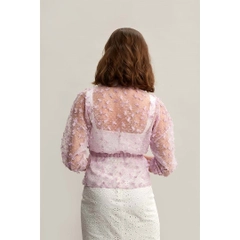Ένα μοντέλο χονδρικής πώλησης ρούχων φοράει 33213 - Sheer Embroidered Jacket with Pocket and Zipper, τούρκικο Μπουφάν χονδρικής πώλησης από Mare Style