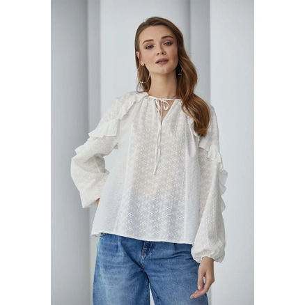A model wears 33217 - Ruffle Sleeve Detailed Cotton Brode Blouse - White, wholesale Blouse of Mare Style to display at Lonca