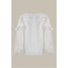 A wholesale clothing model wears 33217 - Ruffle Sleeve Detailed Cotton Brode Blouse - White, Turkish wholesale Blouse of Mare Style