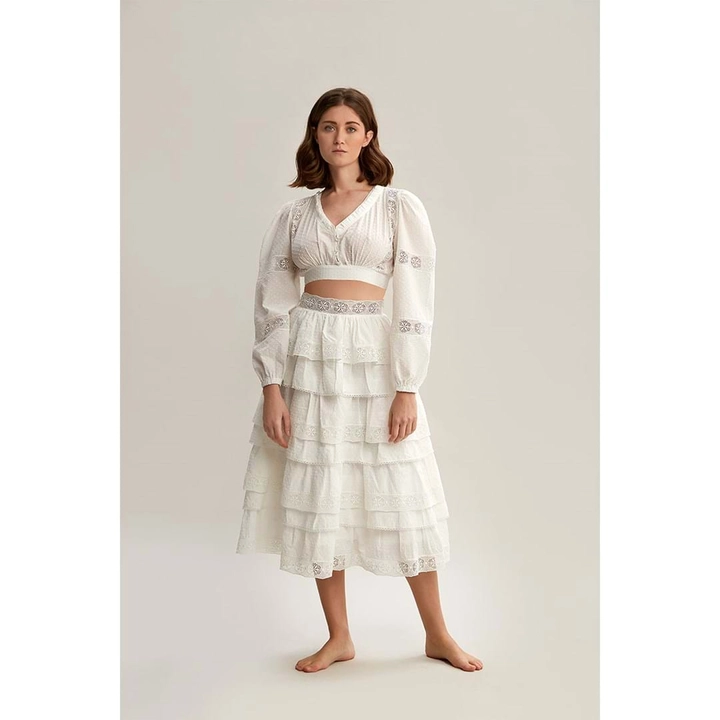Un model de îmbrăcăminte angro poartă 33220 - Ruffled Layered Pure Cotton Long Embroidered Skirt - White, turcesc angro Fusta de Mare Style