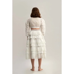 Hurtowa modelka nosi 33220 - Ruffled Layered Pure Cotton Long Embroidered Skirt - White, turecka hurtownia Spódnica firmy Mare Style