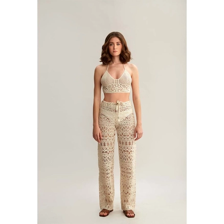 A model wears 33223 - Pure Cotton Embroidery Bustier - Beige, wholesale Crop Top of Mare Style to display at Lonca