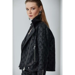A wholesale clothing model wears 33230 - Faux Leather Brode Biker Jacket - Black, Turkish wholesale Jacket of Mare Style