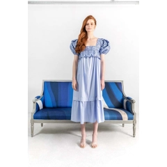 Модел на дрехи на едро носи 33233 - Tassel Detailed Pure Organic Cotton Midi Dress - Blue, турски едро рокля на Mare Style