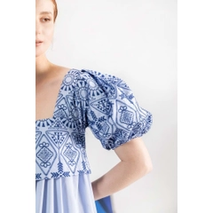 Модел на дрехи на едро носи 33233 - Tassel Detailed Pure Organic Cotton Midi Dress - Blue, турски едро рокля на Mare Style