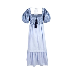 Un mannequin de vêtements en gros porte 33233 - Tassel Detailed Pure Organic Cotton Midi Dress - Blue, Robe en gros de Mare Style en provenance de Turquie
