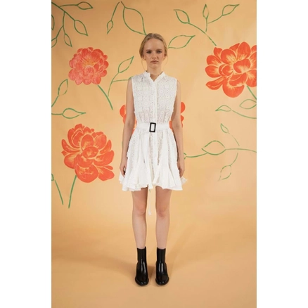 A model wears 33243 - White Patterned Cotton Sleeveless Embroidery Dress - White, wholesale Dress of Mare Style to display at Lonca