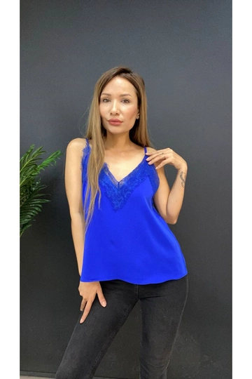 A wholesale clothing model wears  Rope Strap Chest Lace Detailed Blouse
, Turkish wholesale Blouse of Maxi Modena
