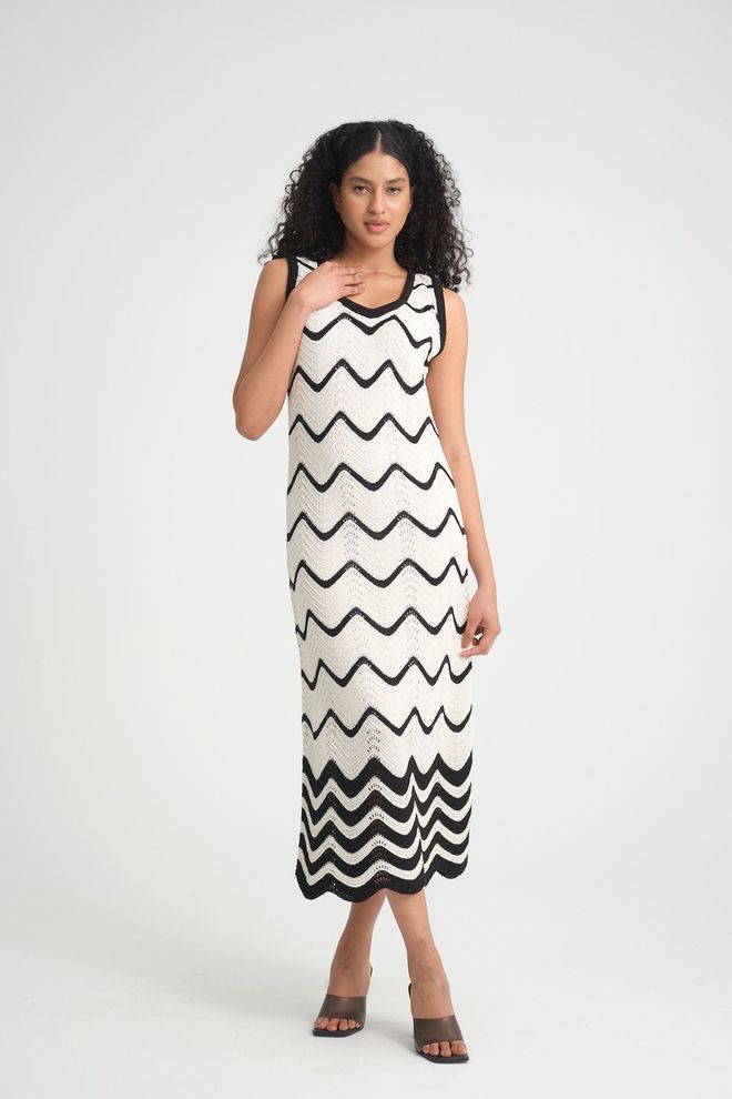 Maxi Modena Robe En Tricot À Motifs À Rayures Zigzag Et Bretelles Épaisses Vêtements en gros Formel
