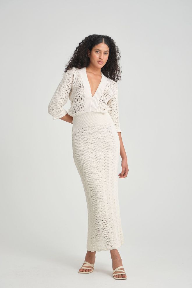 Maxi Modena Robe En Tricot De Couleur Beige Ajourée Manches Pauvres Taille Standard Vêtements en gros Élégant