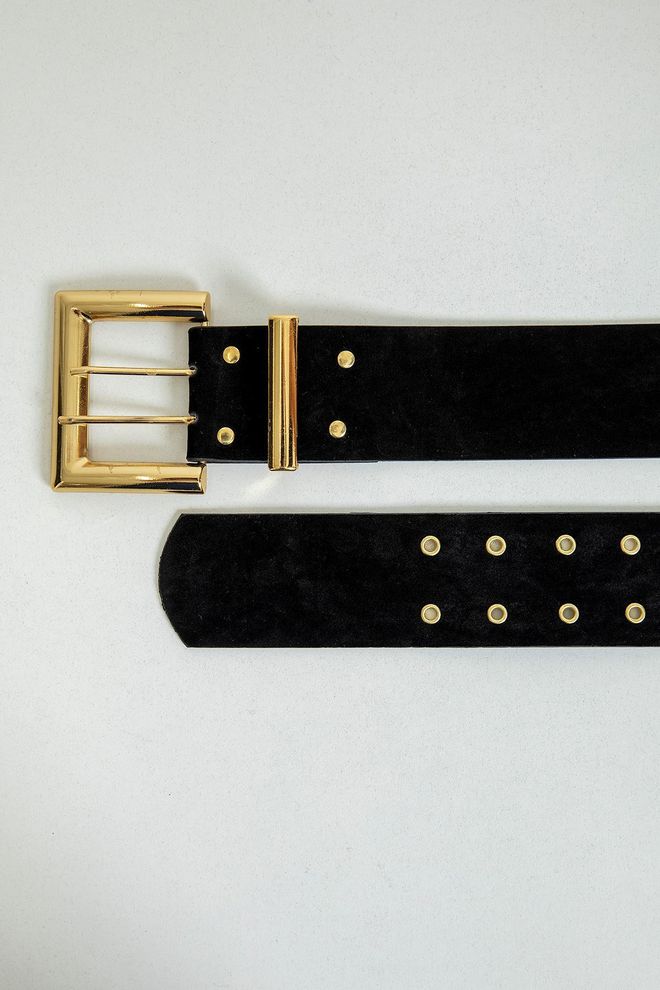 Maxi Modena Square Buckle Double Tongue Leather Women's Belt Black Wholesale Clothing 0