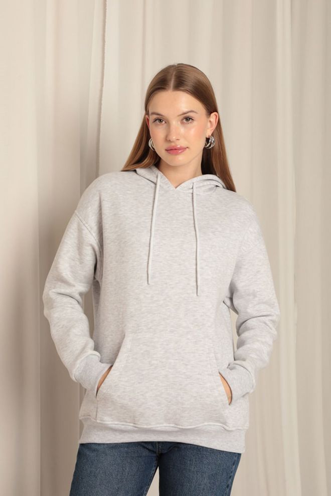 Maxi Modena Triple Yarn Kangaroo Pocket Hooded Women's Sweat Light Grey Wholesale Clothing Casual